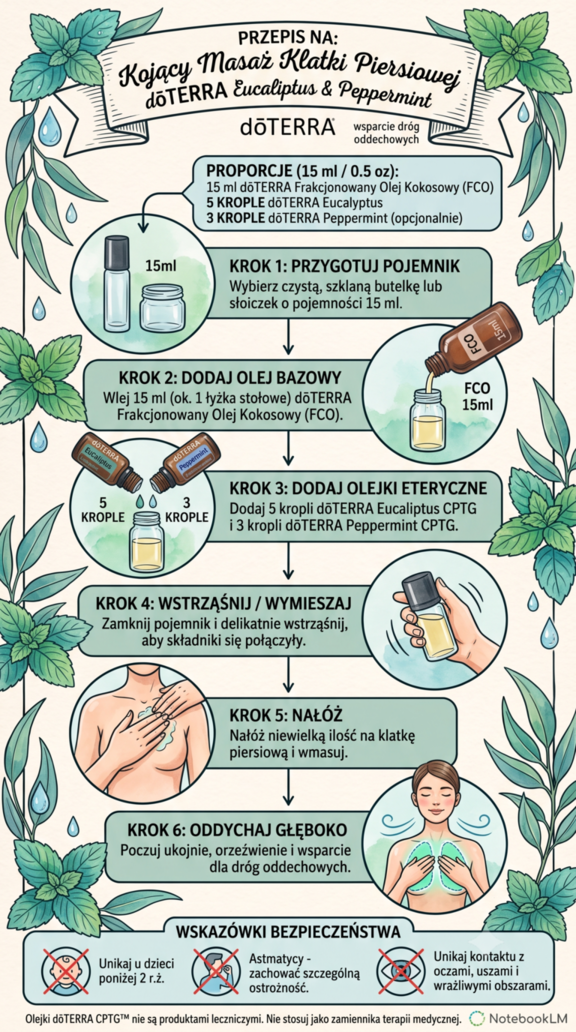 Infografika z przepisem: Wcierka wspierająca swobodny oddech (Eucalyptus, Peppermint)