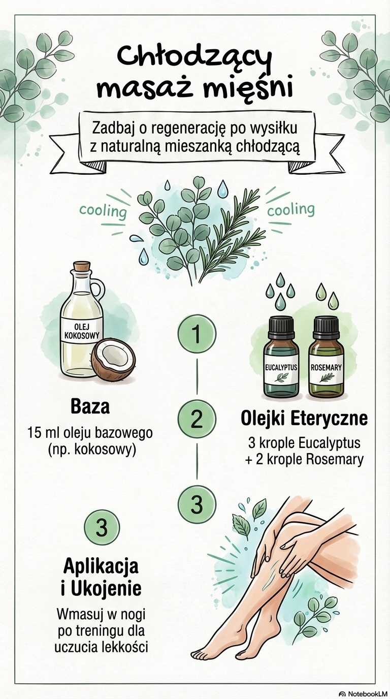 Infografika z przepisem: Chłodzący masaż po wysiłku (Eucalyptus, Rosemary)