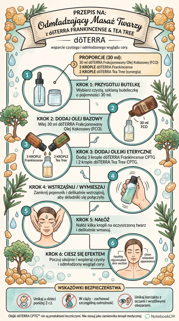 Infografika z przepisem: Wsparcie czystego wyglądu cery (Frankincense, Tea Tree)