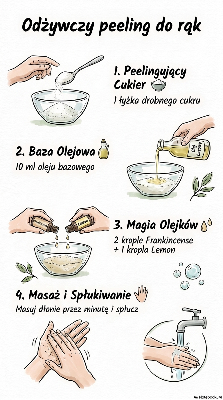 Infografika z przepisem: Odżywczy cukrowy peeling do rąk (Frankincense, Lemon)