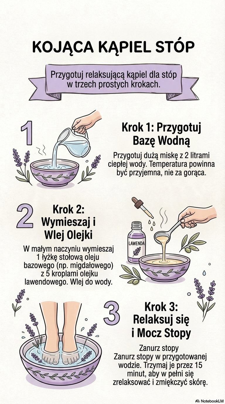 Infografika z przepisem: Kojąca kąpiel dla zmęczonych stóp (Lavender)