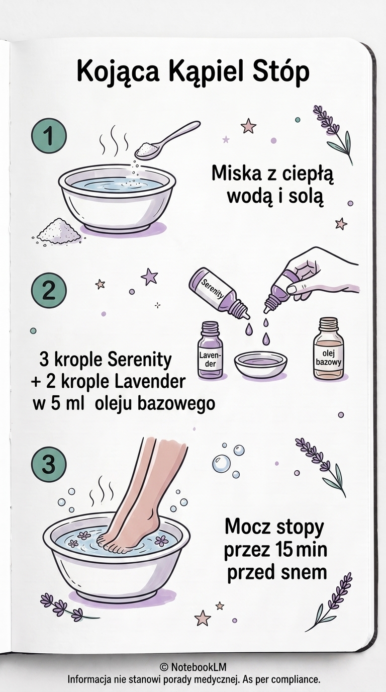 Infografika z przepisem: Kojąca kąpiel dla stóp przed snem (Serenity, Lavender)