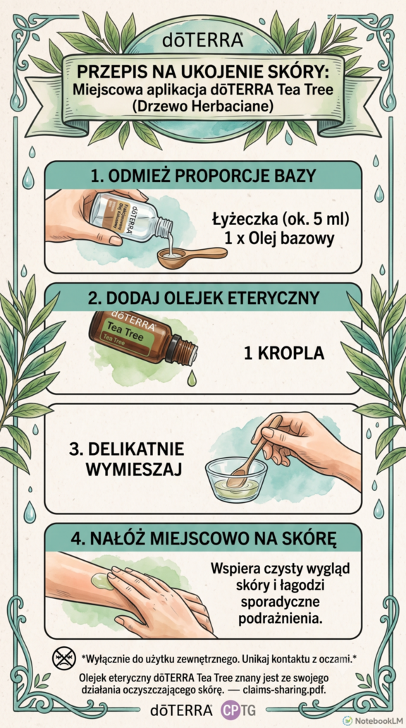 Infografika z przepisem: Kojąca wcierka łagodząca podrażnienia (Tea Tree)